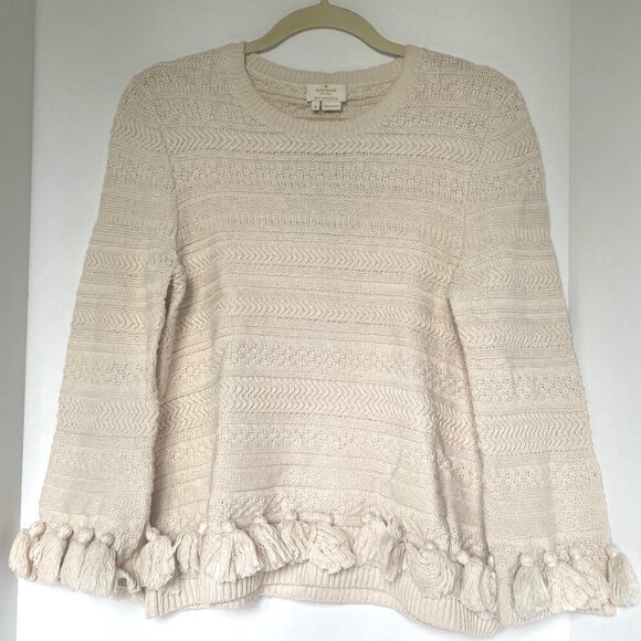 Kate Spade Cotton Sweater Womens Medium Beige Pompom Hem Crewneck Chunky Knit - Picture 3 of 10
